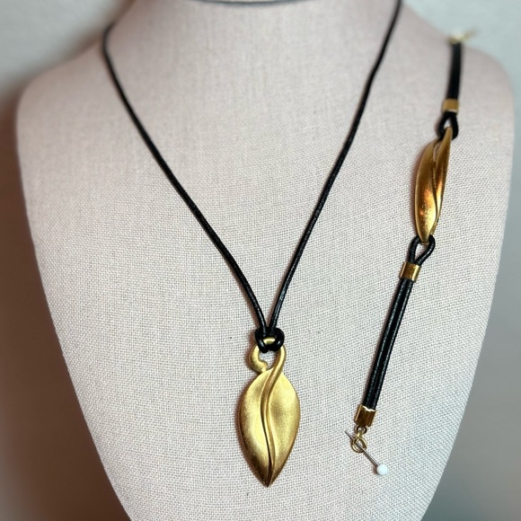 Monet Black Leather with Gold-tone Leaf Pendant Necklace, Bracelet & Earring Set - Picture 2 of 4